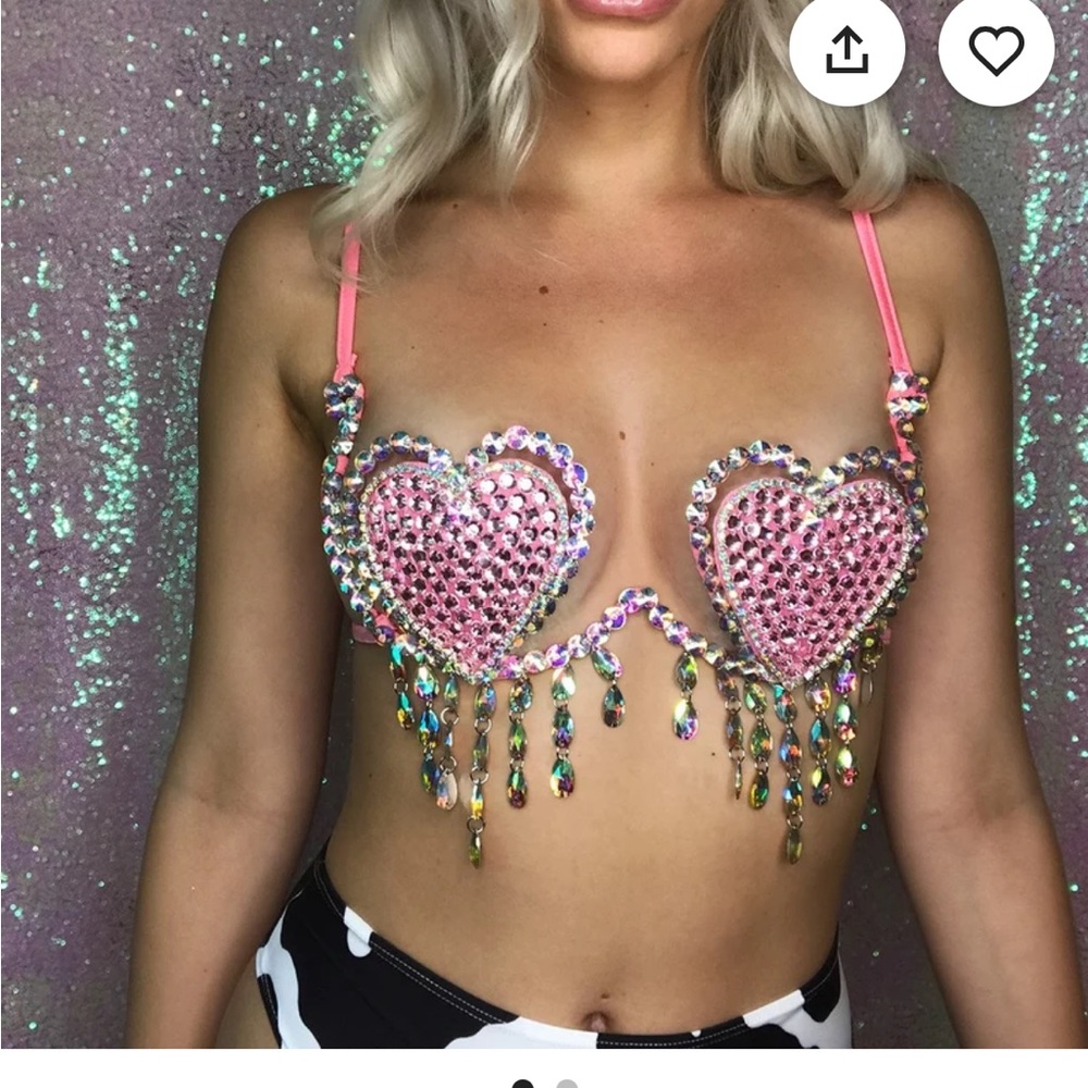 Pink Heart Rhinestone Bra Top